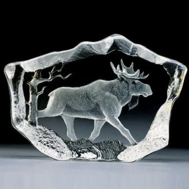 Signed Mats Jonasson Sculpture 3D Moose Etched Crystal Paperweight Free Shipping