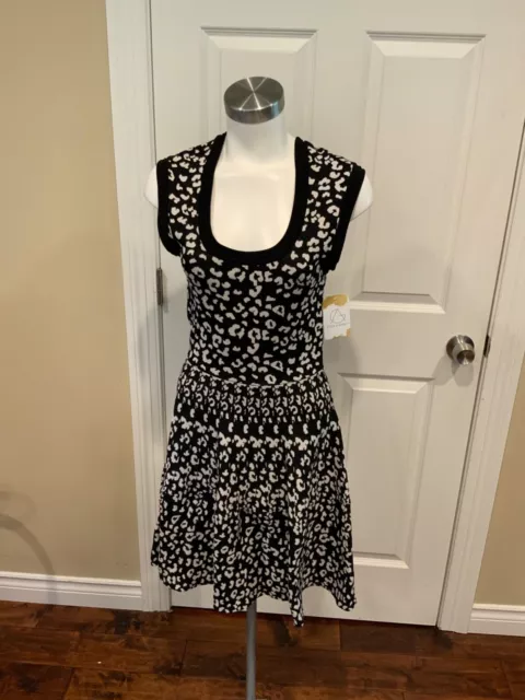 Rebecca Taylor "Intarsia" Black & White Animal Print Fit & Flare Dress, Size S