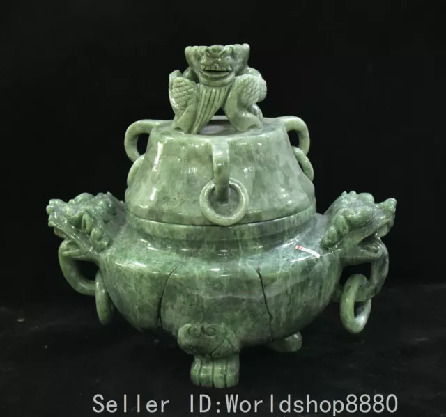 8" Old Chinese natural emerald jade carving 2 lion head Incense Burner Censer