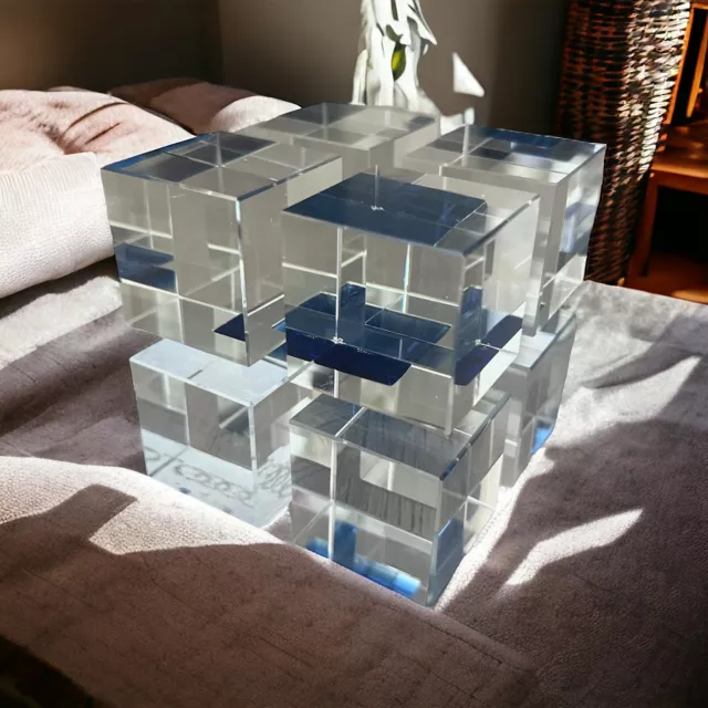 Art Glass Modern Art  3D Cube Optical Cut Glass Sculpture 3.5 “ Blue Clear