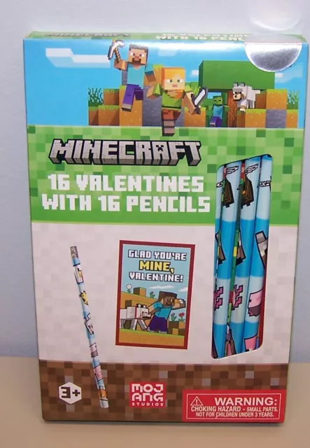 Valentines Day Exchange Cards Mine Craft (Box of 16) with 16 Pencils Minecraft