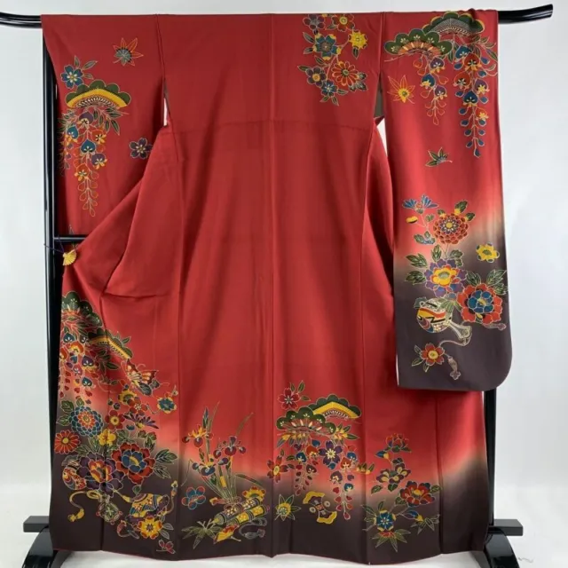 Japanese Kimono Furisode Luxurious Wedding Pure Silk 165cm Red Black K1319