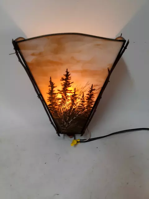 Vintage Rustic Wall Sconce, Slag Glass w/ Handpainted Pine and Birch Trees