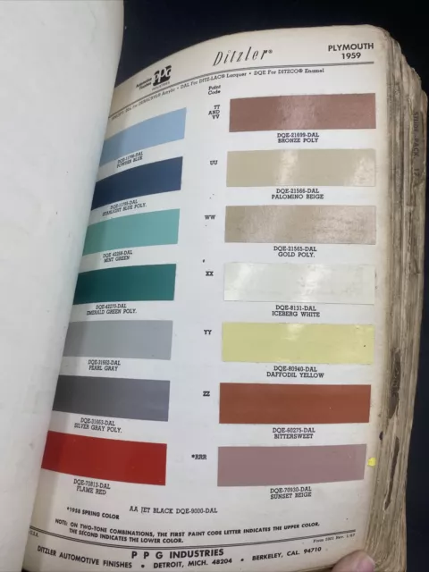 1959 Plymouth Fury Barracuda Belvedere Paint Chip Sheet Only, Ditzler PPG