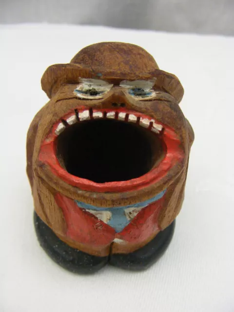 Vintage Tramp Art Anri Big Mouth Hand-Carved Wooden Toothpick Holder