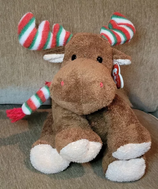 Ty Pluffies Merry Moose Brown Red Green White Scarf Antlers 10" New With Tags