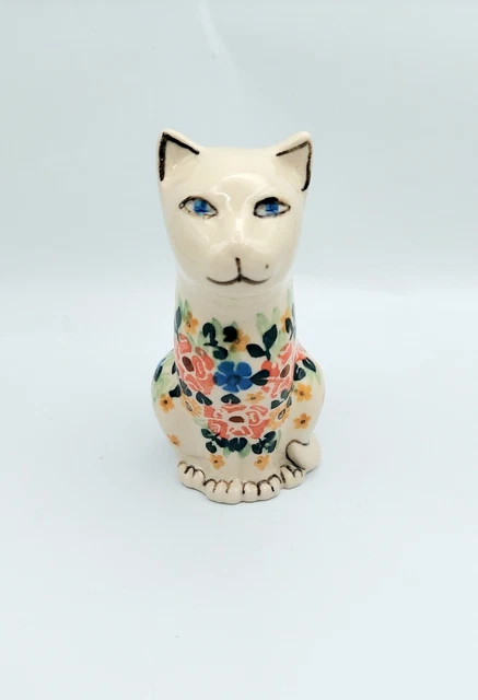 Unikat Hand Painted Floral Cat Figurine Boleslawiec Polish Pottery