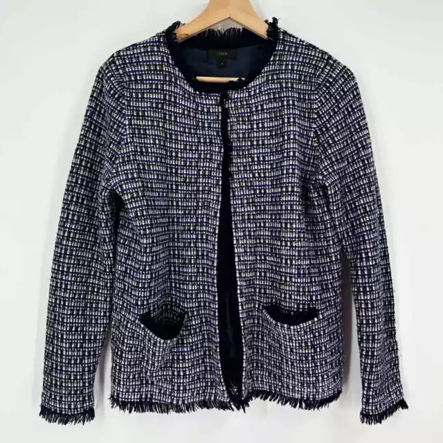 J. Crew Tweed Blazer Jacket Fringe Navy Metallic Hook Eye Size Small