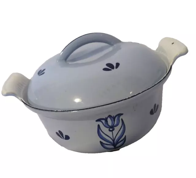 Dru Blue Tulip Vtg Small Dutch Oven Enamel Cast Iron  Made In Holland Round #18