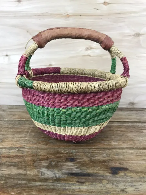 BOLGA African Handwoven Market Basket Leather Handle Natural Small Mini Purple