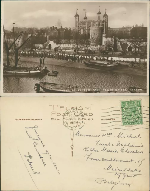 Tower of London From Tower Bridge RP Real Photo Boots Pelham GB 1934 cancel