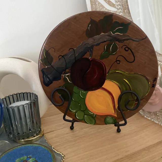 VINTAGE Hand Turned Dark Wooden, Hand-painted Fruit &Vine Shallow Bowl, Folk Art