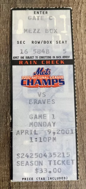 APRIL 9, 2001 MLB NEW YORK METS vs ATLANTA BRAVES OPENING DAY GAME TICKET STUB