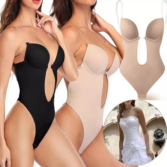 Womens U Plunge Bra Backless Underwear Body Shaper Thong Bodysuit for UnderDress