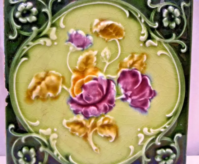Antique Tile Majolica Art Nouveau England Rose Purple Architecture Floral #172 2