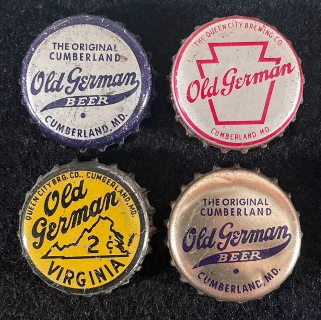 4 Old German Cork Beer Bottle Caps Queen City Brewing Cumberland Maryland Crowns