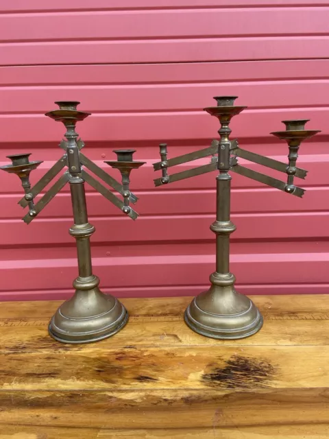 SET OF ROMAN CATHOLIC CHURCH ALTER BRASS CANDELABRA ADJUSTABLE Vintage