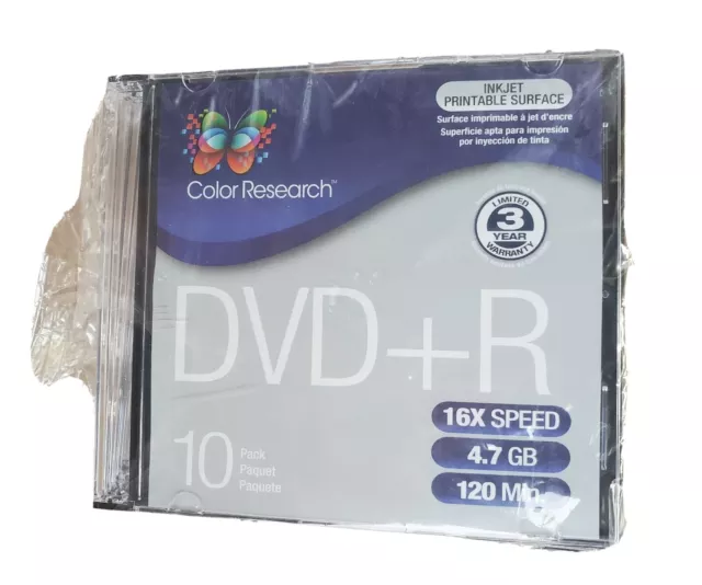 Color Research 10 PACK DVD+R~120 MIN 4.7 GB up to MAX 16X SPEED~NEW