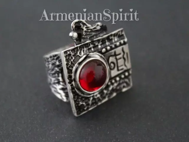 Espíritu armenio Mujer Anillo cuadrado Plata 925 laboratorio rojo granate...