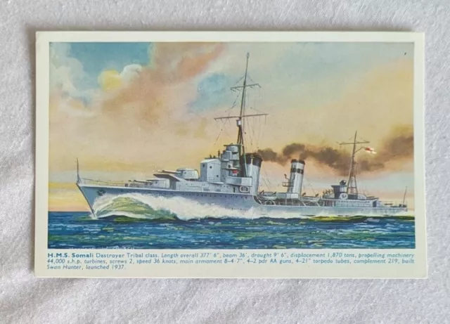 British Navy Destroyer   HMS Somali   Artist BW Church   J Salmon Postcard