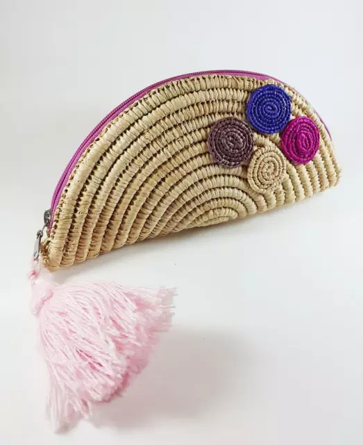 Beautiful Moroccan handmade straw half moon purse, Raffia clutch handicraft