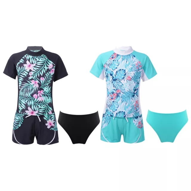 Kids Girls Printed Swimsuit Set  Tops with Briefs Rash Guard Beach Surf Costume