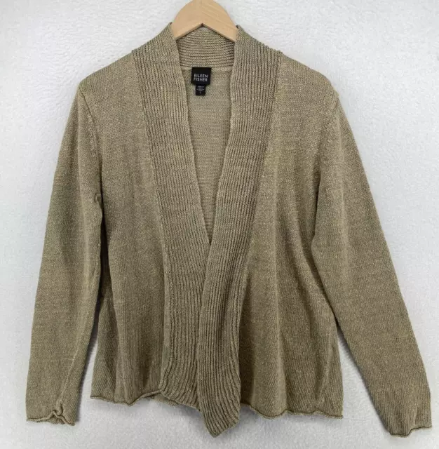 EILEEN FISHER Sweater Large Cardigan Linen Open Front Long Sleeve Tan Beige