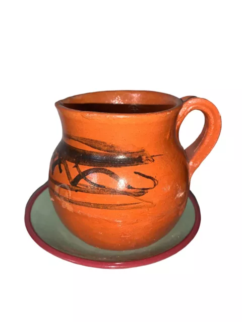 Vintage Redware Terracotta Mexico Native Pottery Jug And Saucer READ 3”x 4”