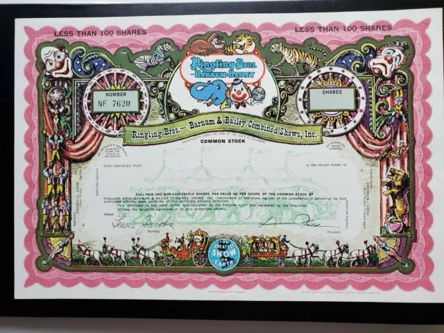 1968/69 Ringling Bros. - Barnum & Bailey Circus Stock Certificate Specimen