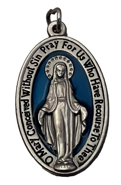 Catholic Blue Enamel Miraculous Mary Silver Tone Religious Medal