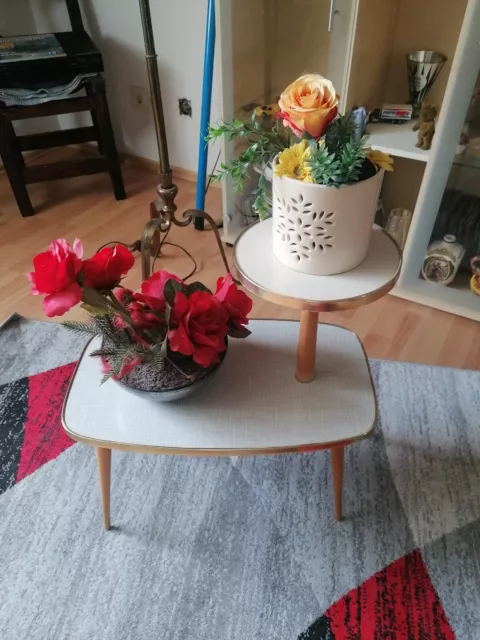 Mid Century 50er Etagere Blumenständer Resopal-Grau-Beige Blumenbank Messingleis