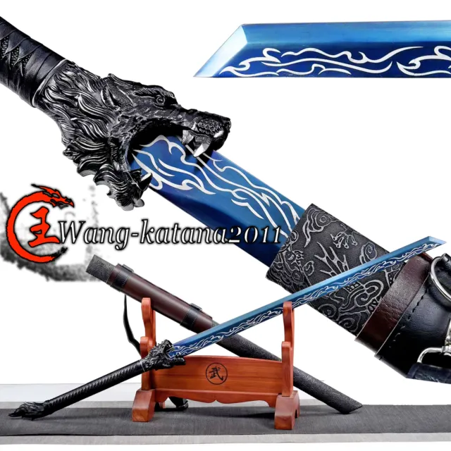 Handmade Wolf Sword Blue Straight Carbon Steel Blade Chinese Tang Dao with Belt