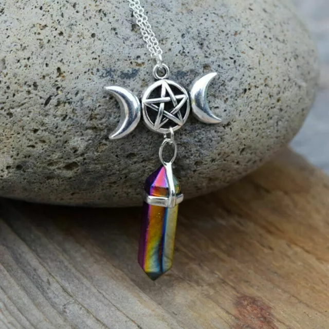 925 Sterling Silver Triple Moon Goddess Wicca Pentagram Rainbow Amulet Necklace