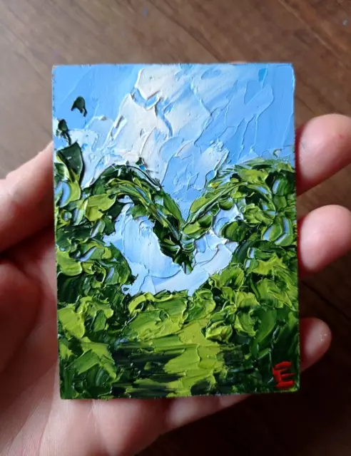 ACEO Painting Original Sky Sunset Field Landscape Oil Art tamaño 3.5 x 2.5...