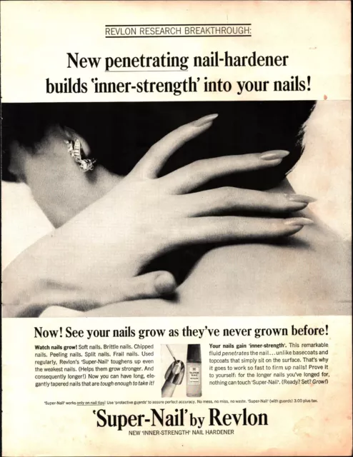 1964 Revlon Vintage Print Ad Fingernail Polish Super Nail Hardener Woman Hands