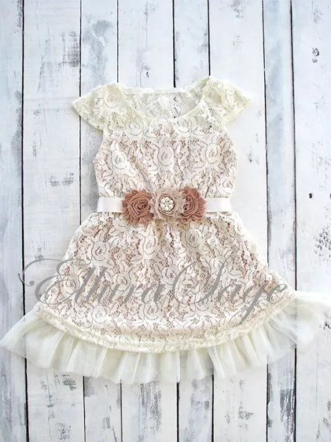 Ivory Rustic Lace Flower Girl dress - Burlap Flower Girl Dress, Lace Baby Dress