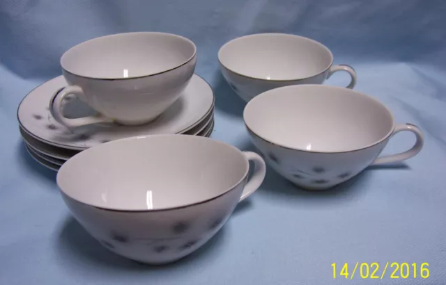 CUPS/SAUCERS Vintage (4 Sets) Creative Platinum Star Burst #1014 Flat Cups (A1)