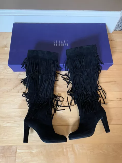 Stuart Weitzman Fringie Fringe Black Suede High Heel Boot 9.5