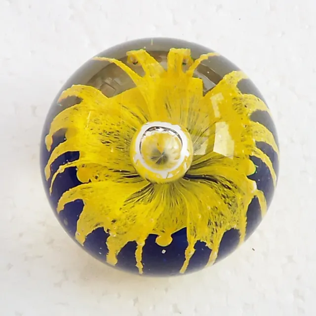 Vintage Glass Art Paperweight with Controlled Bubble Yellow & Blue Flower Design