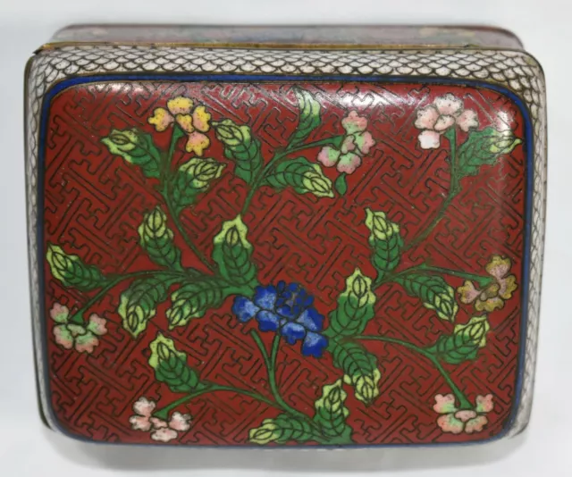 Vintage Chinese/Japanese Red Cloisonne Trinket Box-Pink Blue & Yellow Floral 2