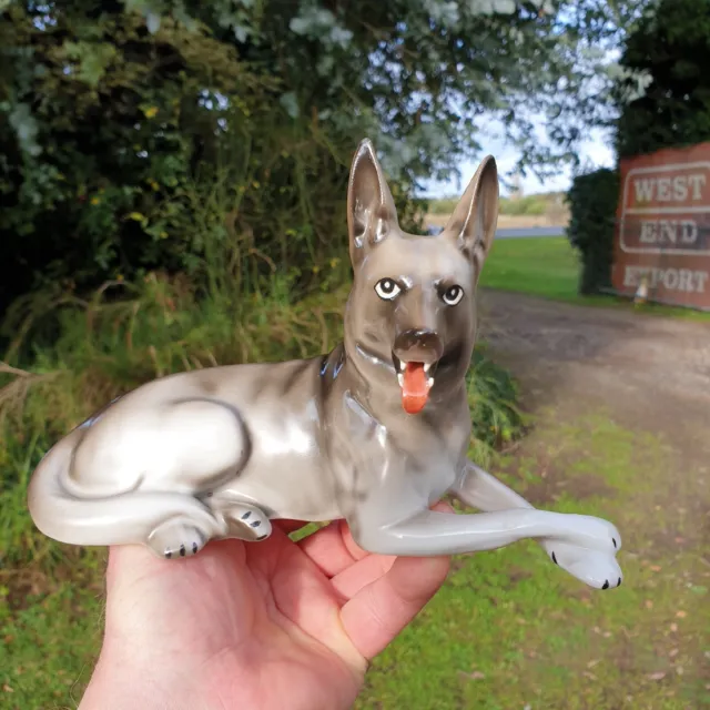 Vintage German Shepherd Dog Figurine - Hand Painted Walbrzych Porcelain - Poland