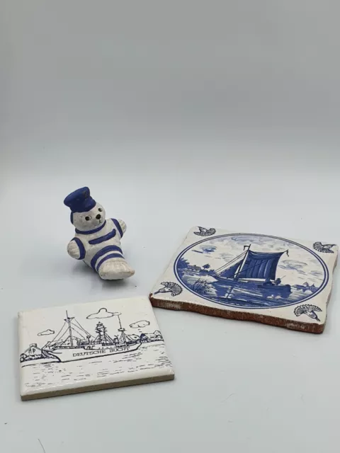 2 x holländische Fliesen Delft handbemalt Schiffe blau 10cm & 8 cm