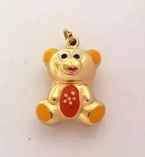 14K Yellow Gold Teddy Bear Charm Pendant Enamel