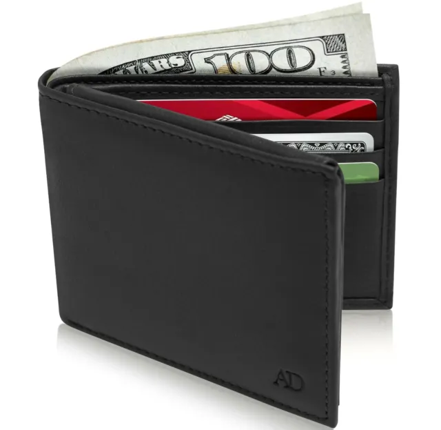 Genuine Leather Slim Bifold Wallets For Men Minimalist Mens Wallet RFID Blocking