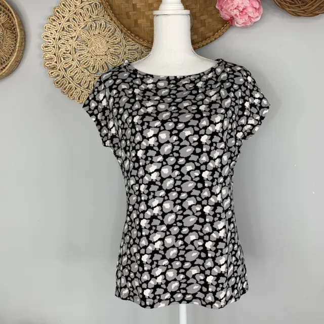 Talbots Womens Top Large Petite Gray Leopard Print Cap Sleeve T-Shirt Boat Neck