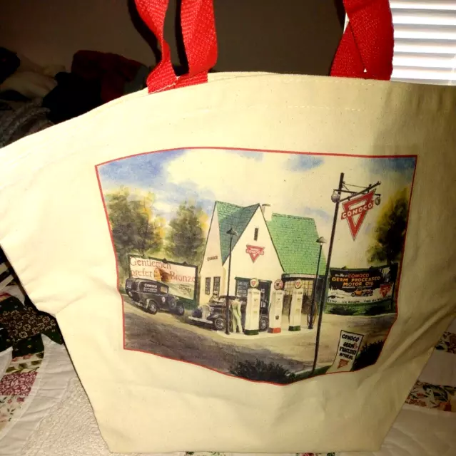 VTG CANVAS TOTE BAG CONOCO OLD GAS STATION PRINT PONCA CITY 70s 80s 13 x 16 x 6"