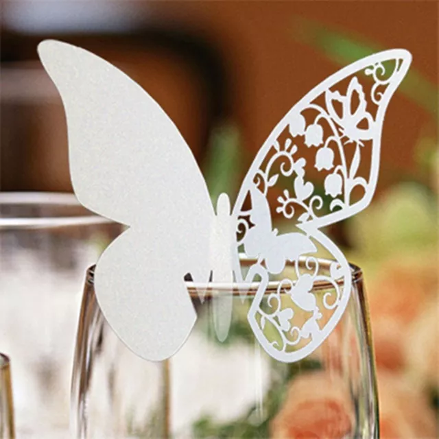 Butterfly Name Place Cards For Wine Glass. Laser Cut On Luxury Pearlescent Card
