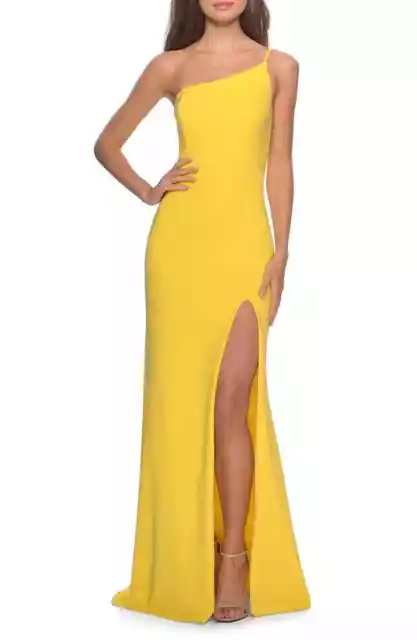 La Femme 28176 One-Shoulder Jersey Slit Gown Sz 2  Yellow