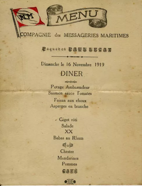 Paquebot Paul Lecat , Compagnie Da Corriere Marittimo, Menu Del 16 Nov 1919