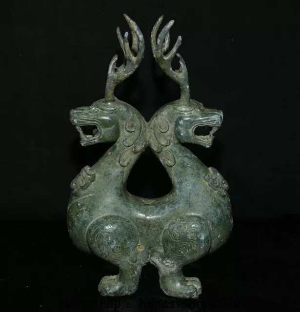 10" seltene alte Bronzeware Dynasty Palace Double Dragon Beast Zun Statue
